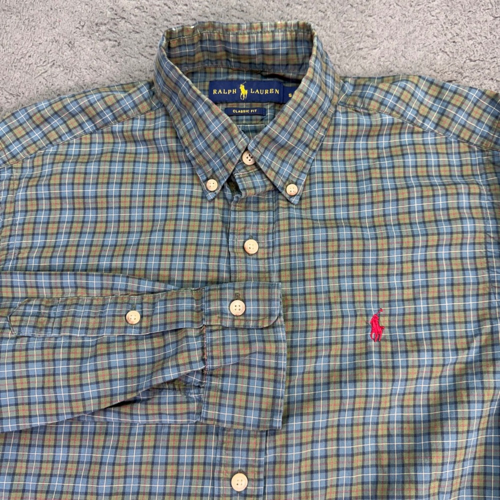 Ralph‎ Lauren Button Down Shirt Mens S Blue Green Plaid Classic Fit Long Sleeve
